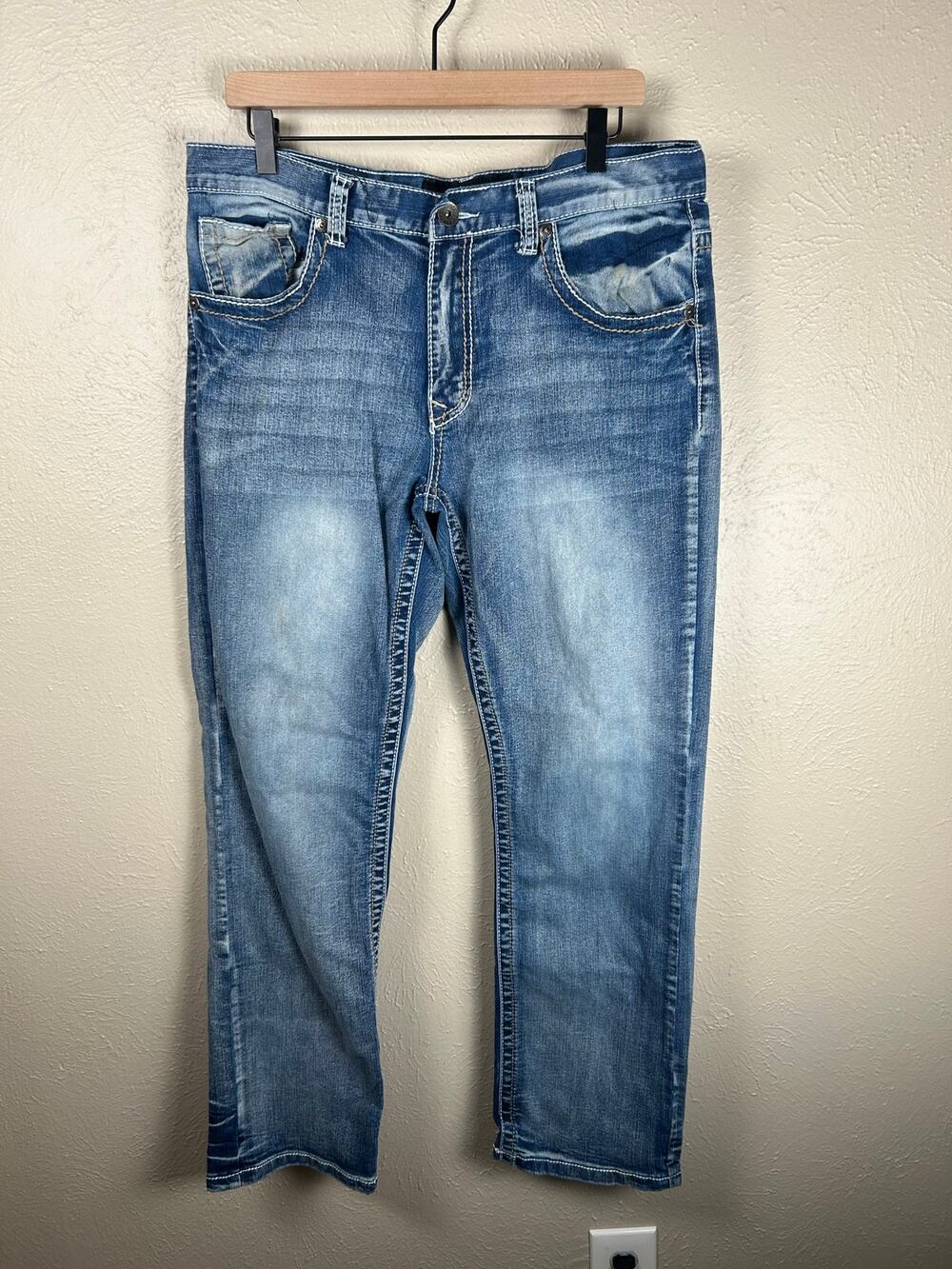True Luck Jeans Mens Size 34x32 Denim Embroidered Pockets Straight Leg Y2K Pants